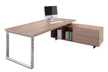 Bureau Manager FLORA - avec console retour réversible - L225 x P170 cm - pieds cadre en métal effet chromé - plateau imitation merisier arabis