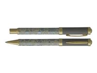 Enzo Varini Palazzo Maiolica - Parure de stylo à bille et stylo plume - fond beige motif argenté