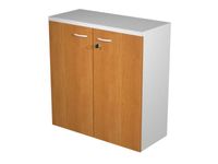 Bibliothèque basse Trend - L80xP44xH72 cm - 2 portes en mélaminé imitation noyer clair - panneaux gris