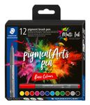 STAEDTLER Pigment brush 371 - 12 Feutres pointe pinceau - couleurs basiques assorties - encre Multi Ink intense
