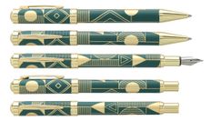 Parure : plume + bille ENZO VARINI "Palazzo Graphic" Vert foncé, motifs et attributs dorés