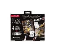 Coffret de Noël CHALK MARKERS – Thème scandinave - 4 marqueurs craie pointe medium avec 2 illustrations à reproduire offertes – couleurs scandinaves - blanc, or, argent, noir