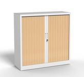 Armoire mi-haute à rideau - L120 x H105 x P43 cm - corps blanc/rideau chêne