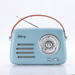 Halterrego - Radio vintage - Bluetooth, Radio FM, lecteur USB, Aux In Aux IN - Batterie rechargeable - bleu ciel