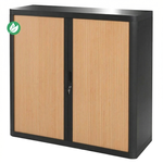 Armoire métallique basse monobloc à rideaux - 105x120x45cm - noir/hêtre