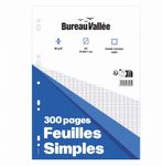 Feuilles Simples- 300 pages - A4 - Grands carreaux - Perforées - Bureau Vallée