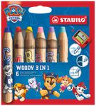 STABILO woody 3 in 1 Pat' Patrouille - Crayon multi-talents - Étui de 6 + 1 taille-crayon