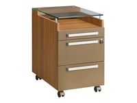 Caisson mobile SLIVER - Profondeur 62 cm - 2 tiroirs + 1 tiroir plumier - Top en verre trempé - Noyer et bronze