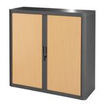 Armoire mi-haute à rideaux EASY OFFICE - 110 x 104 x 41,5 cm - Corps et poignée anthracite - Rideaux imitation hêtre