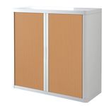 Armoire mi-haute à rideaux EASY OFFICE - 110 x 104 x 41,5 cm - Corps et poignée blanc - Rideaux imitation hêtre