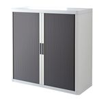 Armoire mi-haute à rideaux EASY OFFICE - 110 x 104 x 41,5 cm - Corps blanc - Rideaux et poignée anthracite