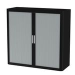 Armoire mi-haute à rideaux EASY OFFICE - 110 x 104 x 41,5 cm - Corps noir - Rideaux et poignée gris