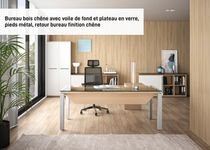 Bureau verre SLIVER avec voile de fond - 190 cm - Pieds métal - Chêne fil et blanc