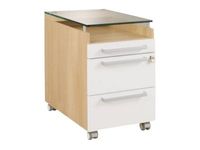 Caisson mobile SLIVER - Profondeur 62 cm - 2 tiroirs + 1 tiroir plumier - Top en verre trempé - Chêne fil et blanc