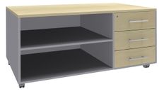Console mobile EXPRIM/LOFTER/LEVEL - L120 x H63 x P60 cm - 3 tiroirs - coté aluminium - finition façade et dessus imitation Erable