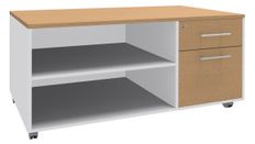 Console mobile LEVEL/STEELY/WOODY - L120 x H63 x P60 cm - 2 tiroirs dont 1 DS - coté Blanc - finition façade et dessus imitation Hêtre