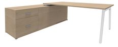 Bureau STEELY Manager - L180 x P100 x H72,5 cm - console retour à gauche (2 tiroirs) L200 x P60 x H72,5 cm - pieds blanc - plateau imitation chêne clair