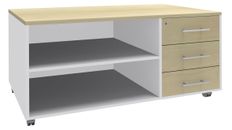 Console mobile LEVEL/STEELY/WOODY - L120 x H63 x P60 cm - 3 tiroirs - coté Blanc - finition façade et dessus imitation Erable