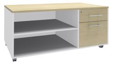 Console mobile LEVEL/STEELY/WOODY - L120 x H63 x P60 cm - 2 tiroirs dont 1 DS - coté Blanc - finition façade et dessus imitation Erable