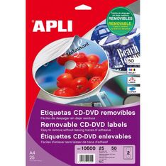 Etiquetas cd-dvd mega removibles. 25 hojas