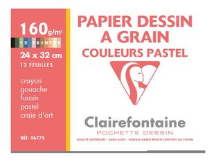 Clairefontaine Dessin à Grain - Pochette papier à dessin - 12 feuilles - 24 x 32 cm - 160 gr - blanc