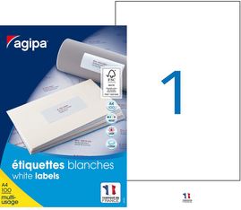 Apli Agipa - 100 Étiquettes adhésives blanches multi-usages - 210 x 297 mm - coins droits - réf 119004