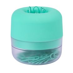 Distributeur trombones vert émeraude magnétique soft touch avec base translucide et 50 trombones