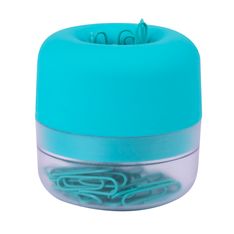 Distributeur de trombones bleu magnétique soft touch avec base translucide et 50 trombones 28 mm