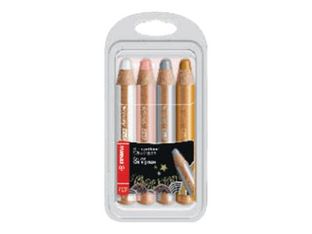 STABILO woody 3 in 1 metallic - crayon de couleur - argent, blanc, or, abricot (pack de 4)