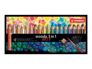 STABILO woody 3 in 1 ARTY - Ensemble de crayons de couleur et pinceaux - non permanent - pour verre, tableau noir - couleurs assorties - 10 mm - large