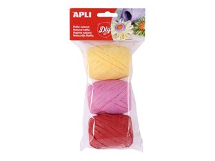 APLI kids - Fibre en raffia synthétique - 3 pièces - 3 x 30m - jaune clair, rose, grenat - raphia naturel