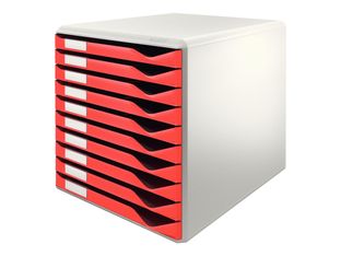 Leitz - Bloc de classement 10 tiroirs - A4 - gris pâle avec plateaux rouges