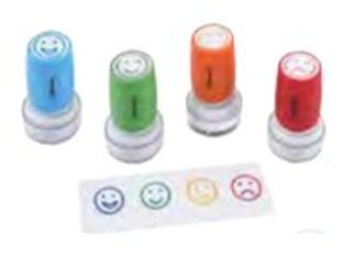 Wonday Teacher - Tampon - pré-encré - couleurs assorties - fenêtre d'image - smiley face - 10 mm de diamètre (pack de 4)