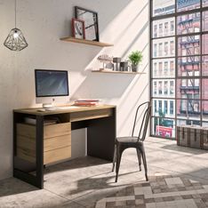 Bureau droit RUSSEL - 119 cm - 1 porte - Chêne helvezia et uni noir