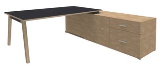 Bureau WOODY Manager - L210 x P100 x H72,5 cm - console retour à droite L200 x P60 cm - pieds carbone - plateau carbone chants imitation Chêne clair