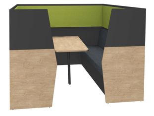 Box acoustique IN'TEAM - L210 x H 150 x P170 cm - 6 places avec table - structure chêne clair et carbone - panneaux vert chartreux
