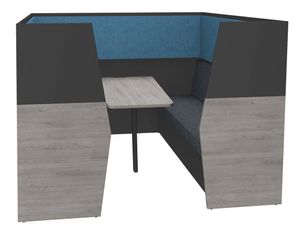 Box acoustique IN'TEAM - L210 x H 150 x P170 cm - 6 places avec table - structure chêne gris et carbone - panneaux bleu chiné