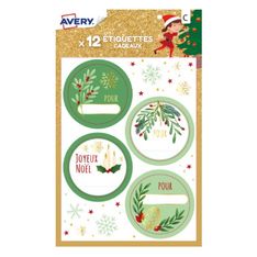 12 étiquettes cadeaux de Noël, motifs natures, vert