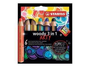 STABILO woody 3 in 1 ARTY - 6 Crayons de couleur - noir, jaune, turquoise, bleu d'outremer, blanc, rouge