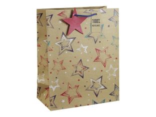 Clairefontaine - Sac cadeau kraft - étoiles multicolore - 26,5 cm x 14 cm x 33 cm