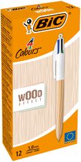 BIC 4 Couleurs WOOD - 12 Stylos à bille 4 couleurs - corps naturel