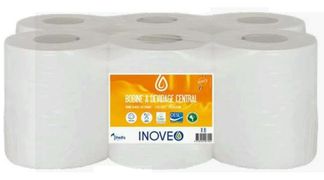 Bobines essuie-mains à dévidage central INOVEO – 6 rouleaux – papier recyclé – blanc