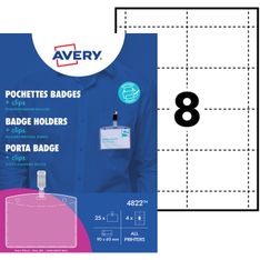 Avery - 25 Badges à clip + 32 étiquettes imprimables - 60 x 90 mm