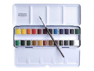 Lefranc Bourgeois - 24 Demi-godets de peinture aquarelle fine avec pinceau et palettte - boîte métal - couleurs assorties