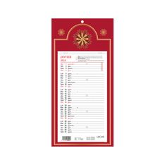 Calendrier Lecas long classique - mensuel à feuillets - 16 x 33,3 cm - rouge