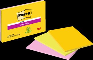Post-it - Notes Super Sticky - Grand Format - 152 mm x 101 mm - 45 Feuilles/Bloc - 3 Blocs/Paquet - couleurs assorties