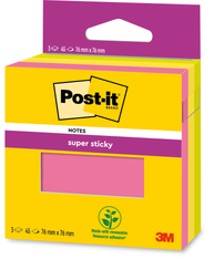 Post-it - Notes colorées Super Sticky - couleurs assorties - 76 mm x 76 mm - 45 feuilles/bloc -  3 blocs/paquet