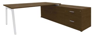 Bureau STEELY Manager - L180 x P100 x H72,5 cm - console retour à droite (2 tiroirs) L200 x P60 x H72,5 cm - pieds blanc - plateau imitation noyer