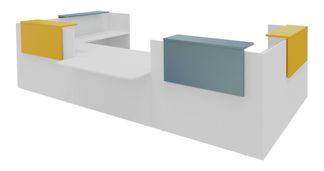 Banque d'accueil OLA - Ensemble composé de modules hauts(x2) + PMR + retours (x2) + tablettes (x2) jaune + (x2) bleu - L425 x P237,5 cm - blanc perle