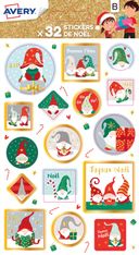 32 stickers de Noël, motifs traditionnels, rouge, vert et kraft, formes variées